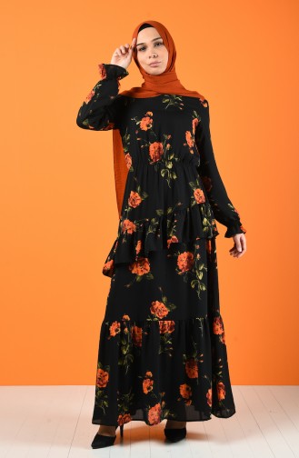 Flower Patterned Chiffon Dress 8221-03 Black 8221-03