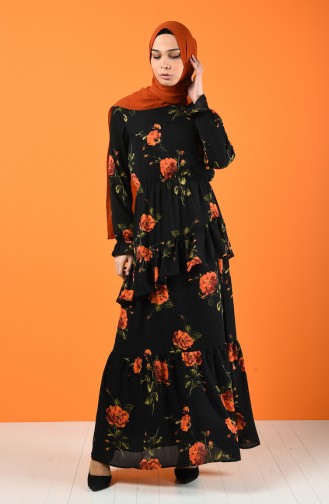 Flower Patterned Chiffon Dress 8221-03 Black 8221-03