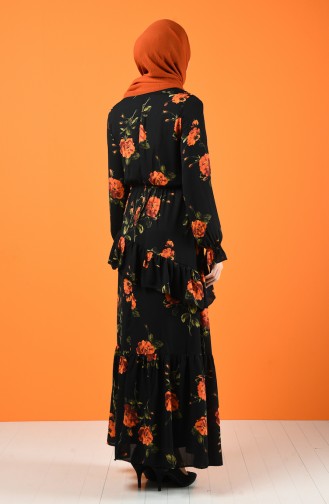 Flower Patterned Chiffon Dress 8221-03 Black 8221-03