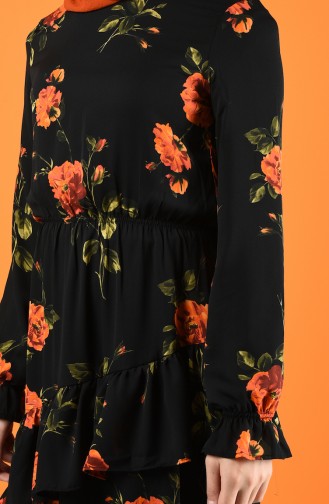 Çiçek Desenli Şifon Elbise 8221-03 Siyah