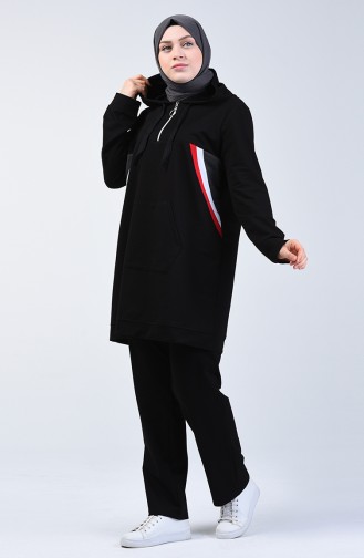 بدلة رياضية بقبعة مقاس كبير أسود 10036-05