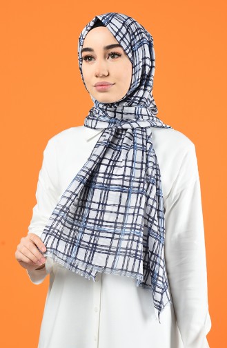 Patterned Cotton Shawl White Navy Blue 901605-08