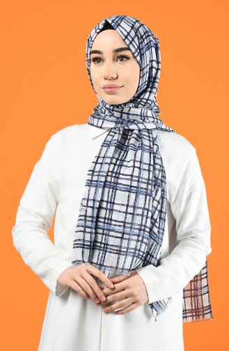 Patterned Cotton Shawl White Navy Blue 901605-08