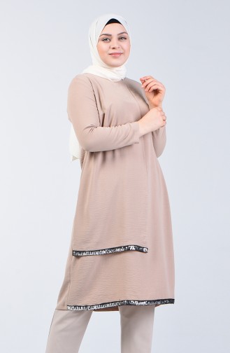 Büyük Beden Aerobin Kumaş Pullu Tunik 1053-02 Vizon