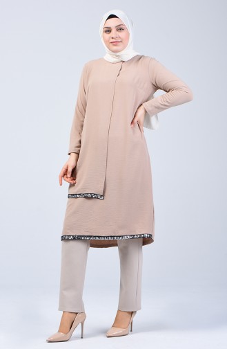 Büyük Beden Aerobin Kumaş Pullu Tunik 1053-02 Vizon