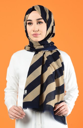 Patterned Cotton Shawl Navy Blue Beige 901613-06