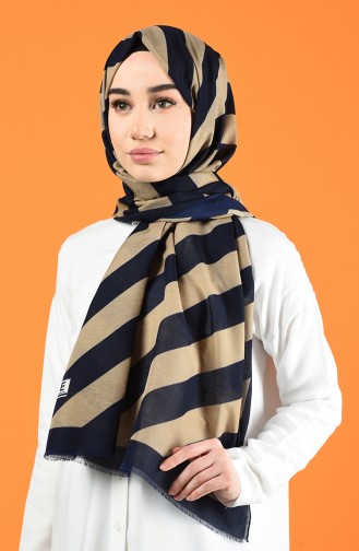 Patterned Cotton Shawl Navy Blue Beige 901613-06