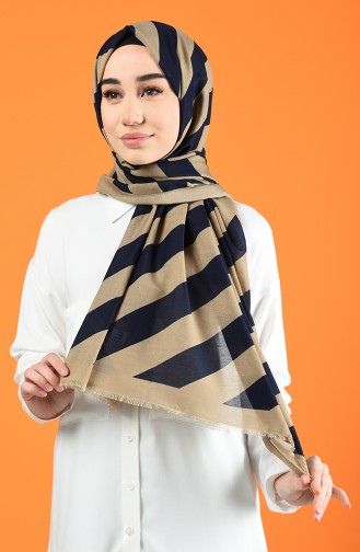 Patterned Cotton Shawl Beige Navy Blue 901613-11