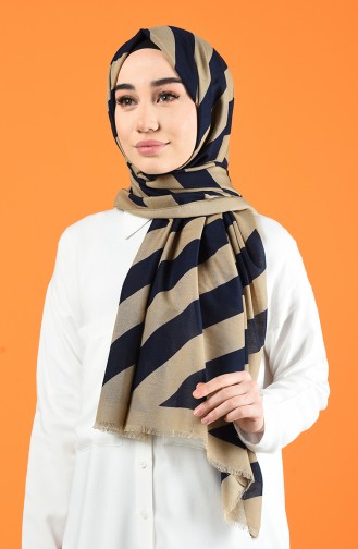 Patterned Cotton Shawl Beige Navy Blue 901613-11