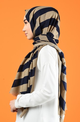 Patterned Cotton Shawl Beige Navy Blue 901613-11