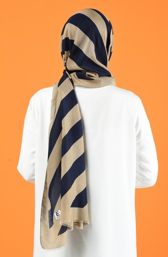 Patterned Cotton Shawl Beige Navy Blue 901613-11