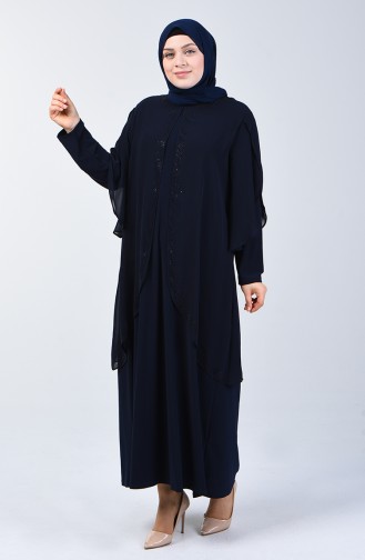 Robe de Soirée İmprimée de Pierre Grande Taille 7803-01Bleu Marine 7803-01