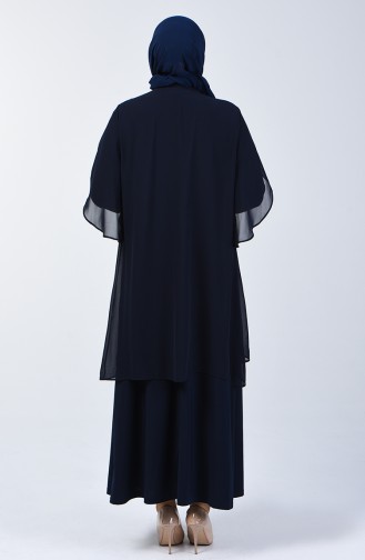 Robe de Soirée İmprimée de Pierre Grande Taille 7803-01Bleu Marine 7803-01