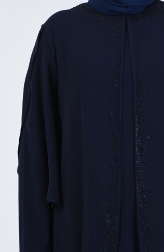 Robe de Soirée İmprimée de Pierre Grande Taille 7803-01Bleu Marine 7803-01