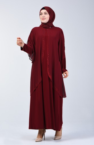 فستان سهرة مزين بالستراس مقاس كبير أحمر كلاريت 7803-02