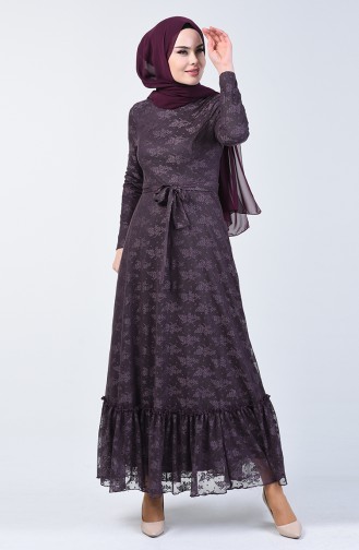 Shirred Belted Evening Dress 1013-01 Dark Lilac 1013-01