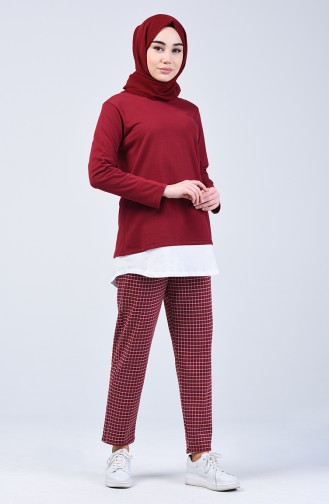 Two-Thread Checkered Tunic Trousers Double Set 2003-03 Burgundy 2003-03