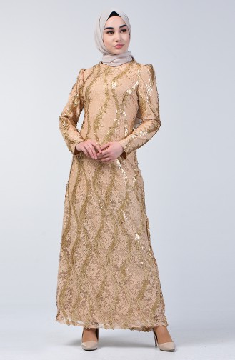 Lace Top Sequin Embroidered Evening Dress 7264-01 Gold 7264-01