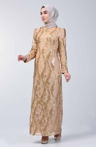 Lace Top Sequin Embroidered Evening Dress 7264-01 Gold 7264-01