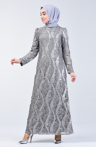 Lace Top Sequin Embroidered Evening Dress 7264-02 Gray 7264-02