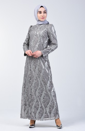 Lace Top Sequin Embroidered Evening Dress 7264-02 Gray 7264-02