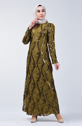 Lace Top Sequin Embroidered Evening Dress 7264-03 Khaki 7264-03