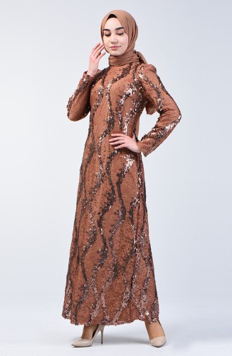 Lace Top Sequin Embroidered Evening Dress 7264-05 Brown 7264-05
