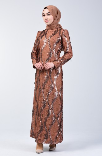 Lace Top Sequin Embroidered Evening Dress 7264-05 Brown 7264-05