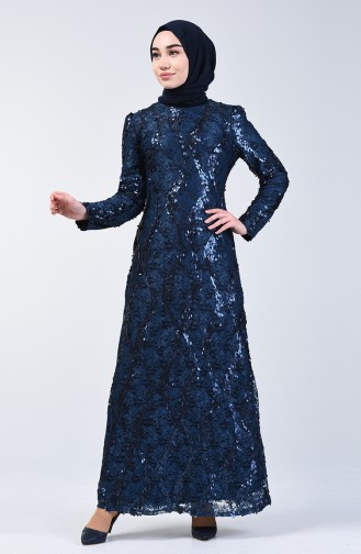 Lace Top Sequin Embroidered Evening Dress 7264-06 Navy Blue 7264-06