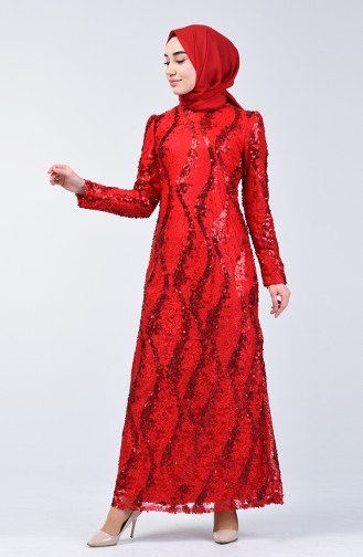 Lace Top Sequin Embroidered Evening Dress 7264-07 Red 7264-07