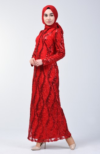 Lace Top Sequin Embroidered Evening Dress 7264-07 Red 7264-07
