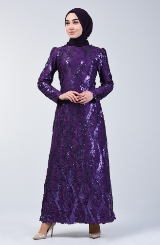 Lace Top Sequin Embroidered Evening Dress 7264-09 Purple 7264-09