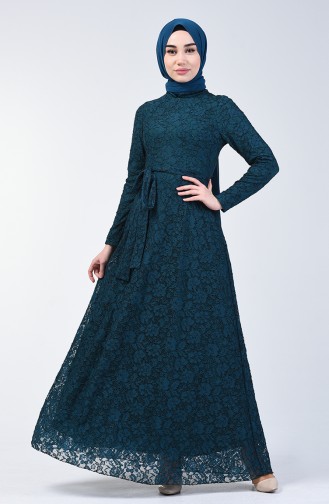 Lace Belted Evening Dress 1010-01 Petrol 1010-01