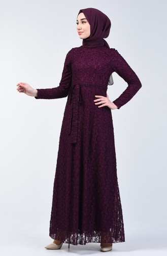 Lace Belted Evening Dress 1010-02 Purple 1010-02