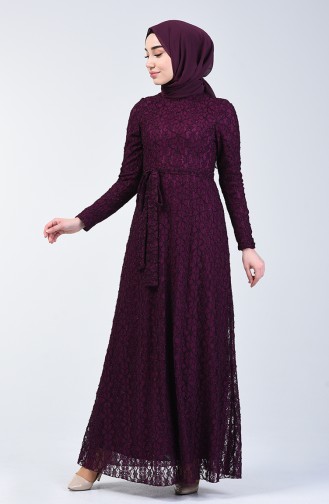 Lace Belted Evening Dress 1010-02 Purple 1010-02