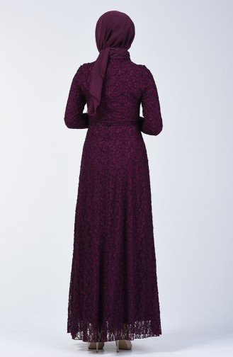 Lace Belted Evening Dress 1010-02 Purple 1010-02