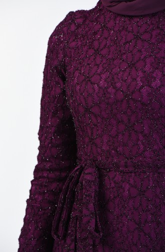 Lace Belted Evening Dress 1010-02 Purple 1010-02