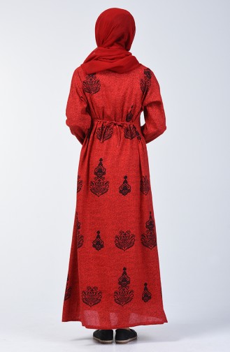 Pamuklu Desenli Elbise 3333-01 Kırmızı