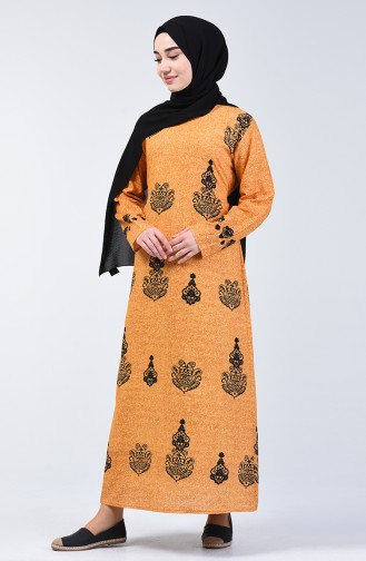 Cotton Patterned Dress 3333-04 Mustard 3333-04