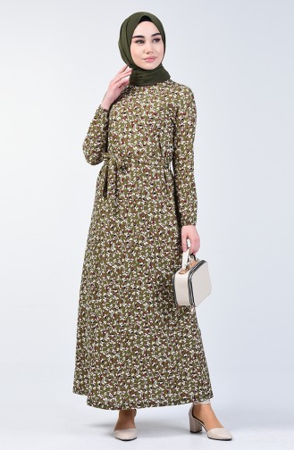 Patterned Dress with Belt 0365-01 Khaki 0365-01
