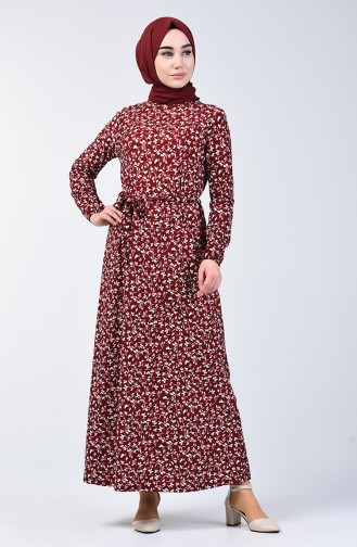 Patterned Belted Dress 0365-02 Claret Red 0365-02