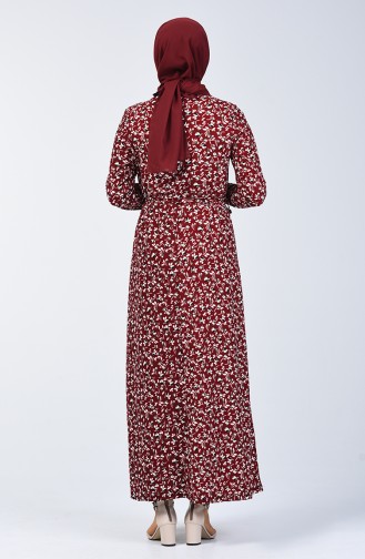 Patterned Belted Dress 0365-02 Claret Red 0365-02