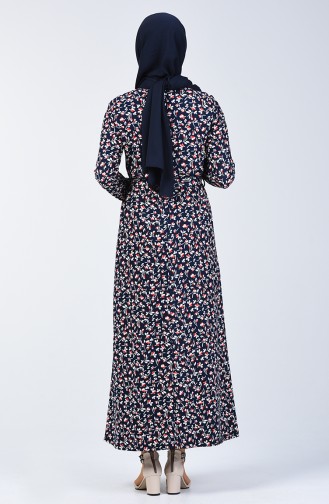 Patterned Belted Dress 0365-04 Navy Blue 0365-04