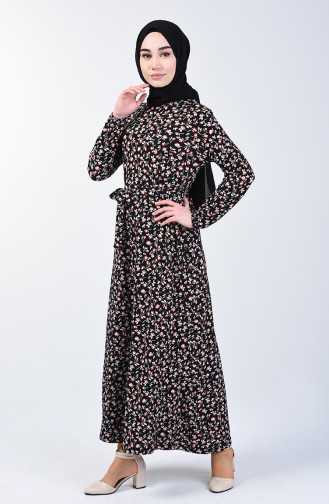 Patterned Belted Dress 0365-05 Black Red 0365-05