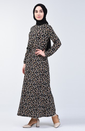 Patterned Belted Dress 0365-06 Black Mustard 0365-06