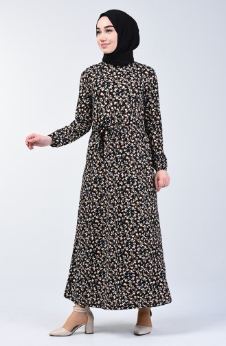 Patterned Belted Dress 0365-06 Black Mustard 0365-06