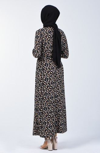 Desenli Kuşaklı Elbise 0365-06 Siyah Hardal