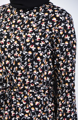 Desenli Kuşaklı Elbise 0365-06 Siyah Hardal
