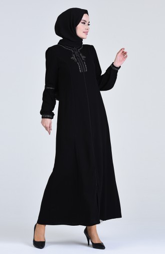 Abaya Brodée à Fermeture 3006-03 Noir 3006-03