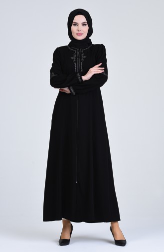 Abaya Brodée à Fermeture 3006-03 Noir 3006-03